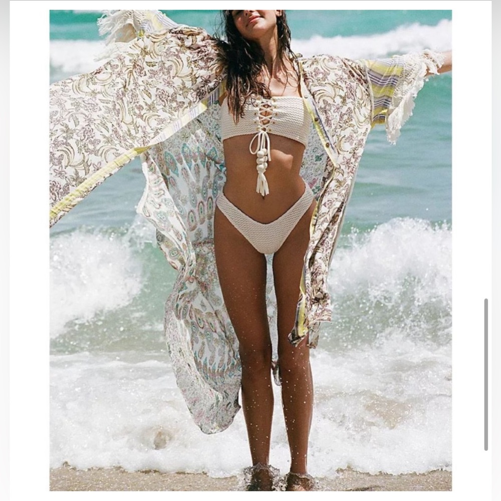 FREE PEOPLE Watching Waves Maxi Shirt / Aquamarine Combo - Picture 7 of 13